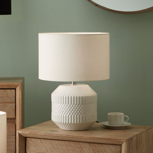 Meribel White Geo Textured Ceramic Table Lamp *STOCK DUE NOV* - TheArtistsQuarter