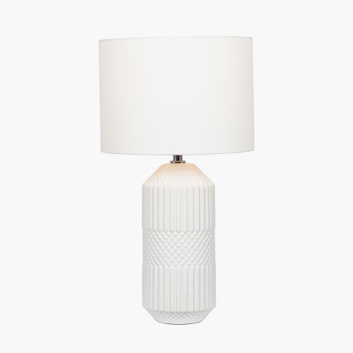 Meribel White Geo Textured Tall Ceramic Table Lamp - TheArtistsQuarter