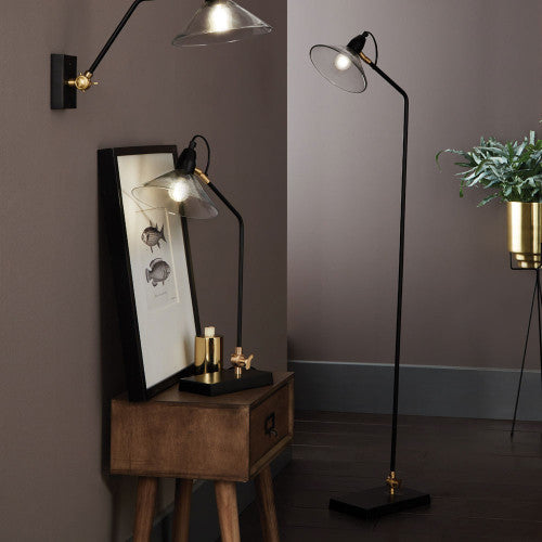 Canton Glass Black Metal and Brass Task Floor Lamp - TheArtistsQuarter